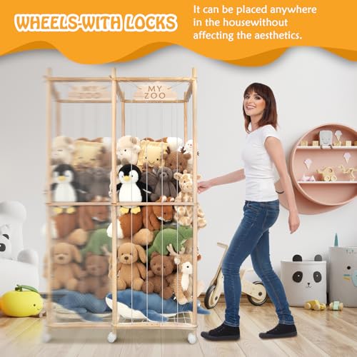 Wooden Stuffed Animal Storage Zoo with Wheels - 64 Inch Large Toy Organizer