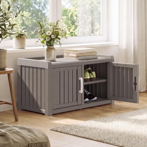 Outdoor Shoe Storage Cabinet Waterproof Resin Bench with 2 Doors & Adjustable Shelves