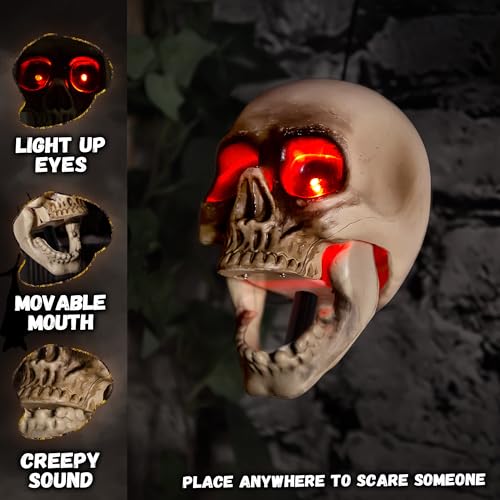 Hanging Skull Animatronics - Scary Floating Skeleton with Sound & Light-Up Eyes - Halloween Decor (3 Pack)