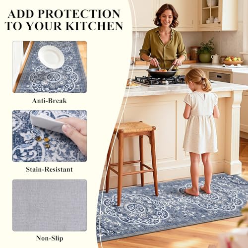 Ileading 3-Piece Kitchen Rug Set with Runner - Blue Floral, Non-Slip Washable Mats, 20x32/48/59 Inches