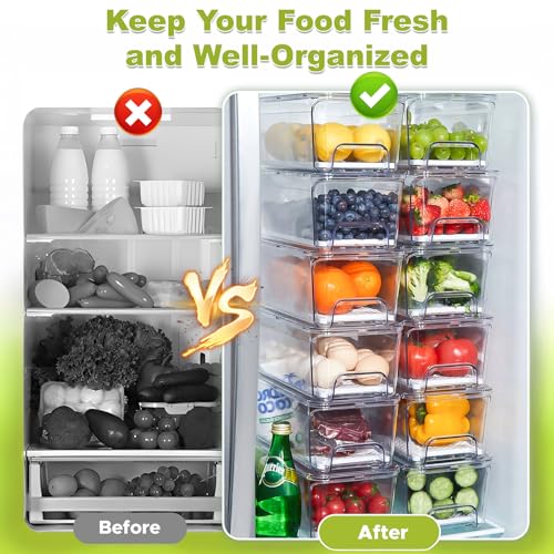 4-Pack Refrigerator Drawer Organizer Bins - Clear Stackable Fridge Storage with Drain Layer for Fruits Vegetables Snacks