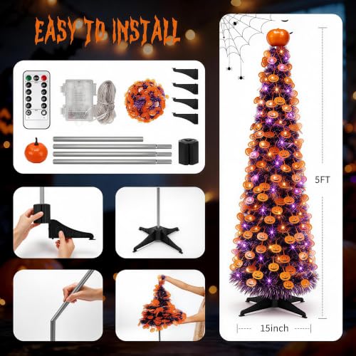 WOKEISE 5FT Purple-6 Halloween Pumpkin Tree with Remote Timer & LED Lights