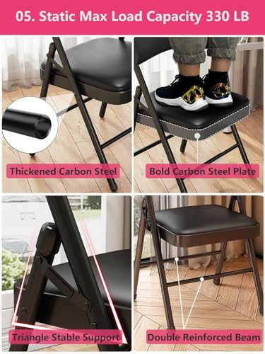 Black PU Leather Folding Chairs 2 Pack with Padded Cushions - Portable & No Assembly