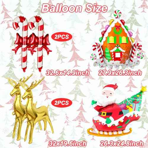 6PCS Christmas Balloons Set - Large Santa, Reindeer, Candy Cane Foil Balloons for Christmas Party Decor