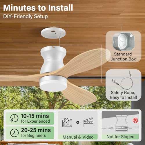 42-Inch Wood Flush Mount Ceiling Fan with Lights Remote Control - White & Light Wood
