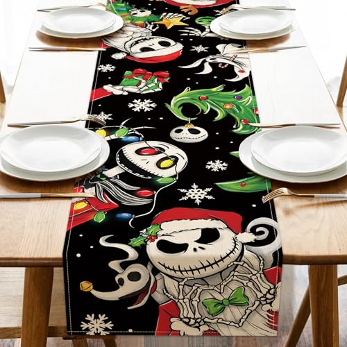 Christmas Jack Table Runner, Xmas Tree Kitchen Dining Table Decoration, Funny Holiday Winter Burlap Indoor Outdoor Home Decor Party Supply 13 x 72 Inches