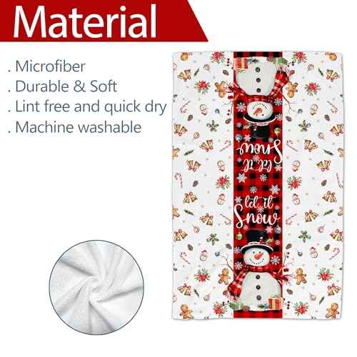 Christmas Kitchen Towels, Merry Christmas Tree Towels Set of 2, Farmhouse Snowman Let It Snow Dish Hand Towels with Red Black Buffalo Plaid, Winter Decorations for Home, 18x26 Inches