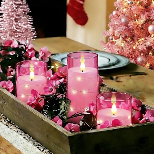 Pink Flickering Flameless Candles with Remote Control - D3" x H4" (Set of 5)