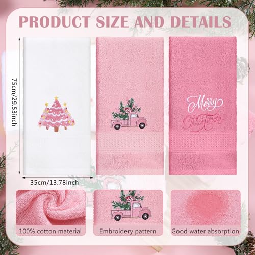 Pink Christmas Hand Towels Set - 3 Embroidered Holiday Bathroom & Kitchen Decor, Merry Christmas & Light Pink Variation