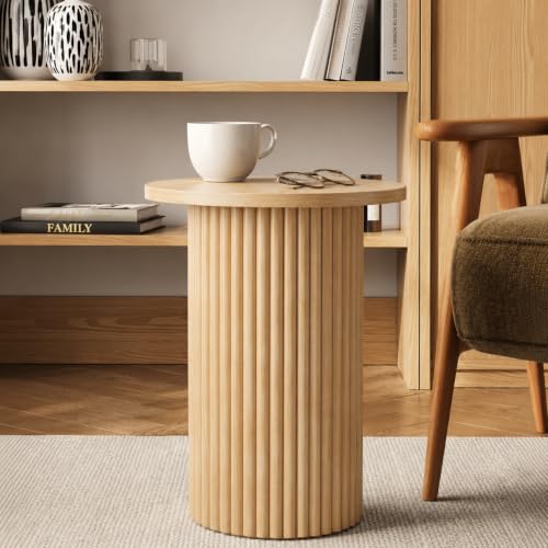 Stead Weathered White Round Fluted Oak Side Table - 17-inch Accent End Table