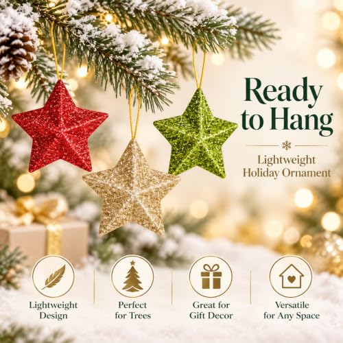 36-Piece Glitter Gold Star Christmas Ornaments Set with Loops