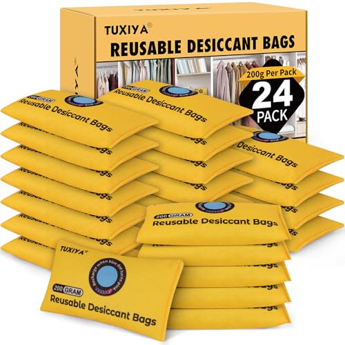 Rechargeable Silica Gel Desiccant Packets 24 Pack 200g Each - Reusable Moisture Absorbers with Indicator