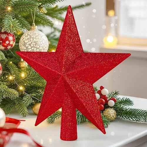 Star Tree Topper, 8" Red Christmas Tee Topper Decorations, Glitter 3D Xmas Bethlehem Star Waterproof Shatter-Proof, Christmas Tree Topper Ornament Decor for Christmas Holiday Party Indoor Outdoor Use