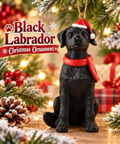 Black Labrador Christmas Ornament - Hand-Painted Resin Dog with Santa Hat, 3.25 Inch
