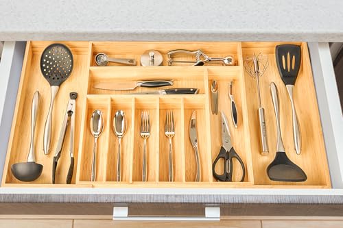 Umilife Expandable Extra Large Kitchen Silverware Drawer Organizer - Adjustable Bamboo, Fits 19-33 Inches