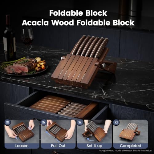 SYOKAMI 2026 Upgrade Foldable Steak Knife Set of 6 with Acacia Wood Block