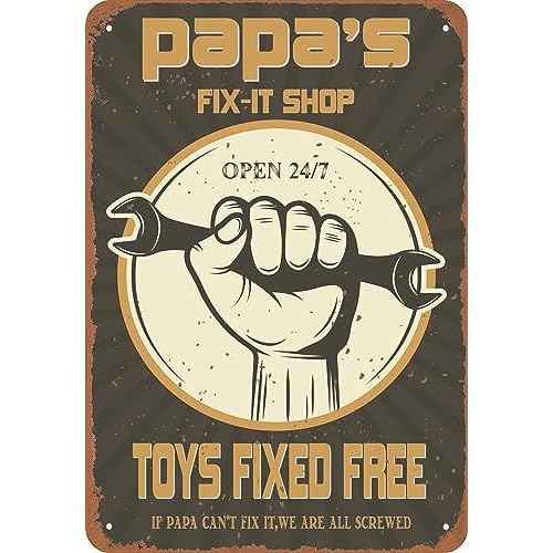Funny Decorations For Man Cave Garage Wall, Vintage Tin Sign Papa's fix-it shop, Metal Post 12 * 8 Inches (PAPA'S FIX-IT SHOP)