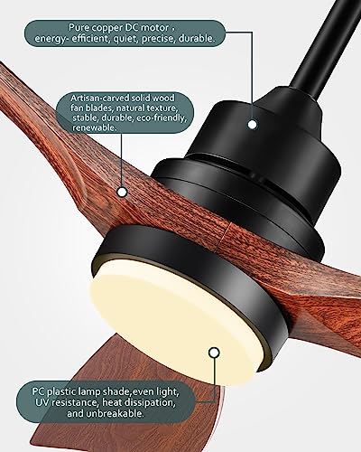 52 Inch Ceiling Fan with Lights and Remote - Black & Walnut Wood Blades