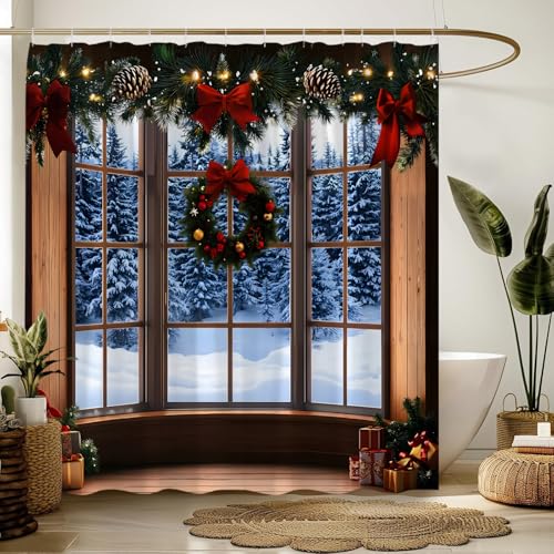 Blue Winter Christmas Shower Curtain 70x70 Inches with Hooks - Holiday Bathroom Decor