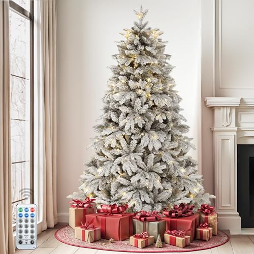 DWVO 7.5ft Pre-lit Snow Flocked Christmas Tree with Remote Control, 1687 Tips & 330 Lights