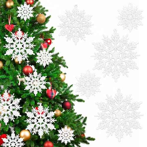 Whaline 36Pcs Christmas Snowflake Ornaments White Glitter Snowflake Hanging Decor Plastic Glitter Crafts for Winter Holiday New Year Xmas Tree Party Home Decor