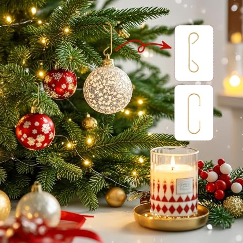 VueuKiGE Gold Christmas Ornament Hooks 100pcs with Storage Box - Small Metal Wire Hangers for Tree Decorations