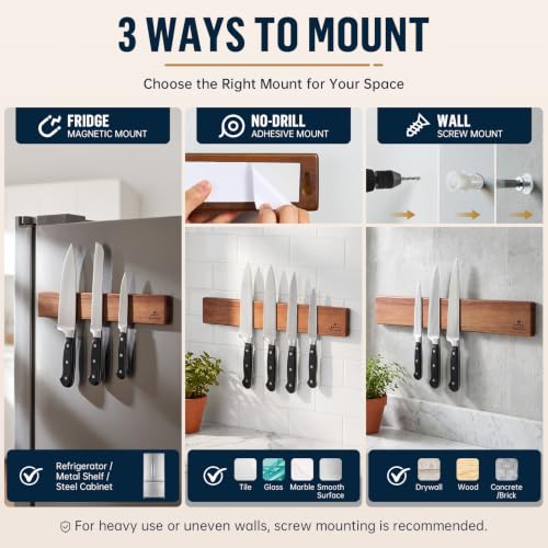 Brown 16-Inch Acacia Wood Magnetic Knife Holder with 4 Hooks - Wall Mount