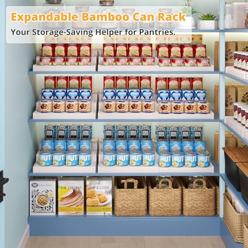 Expandable 3-Tier Bamboo Can Organizer for Pantry - Fits 24 Cans, White, 12.4-24"