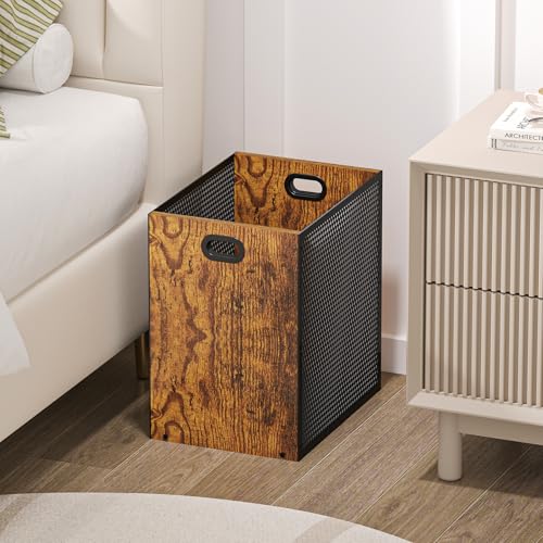 Large 2-Pack Retro Industrial Trash Cans - Iron & Wood Wastebaskets with Handles