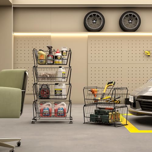Matte Black 6-Tier Tall Stackable Wire Storage Baskets with Wheels - Vertical Utility Cart
