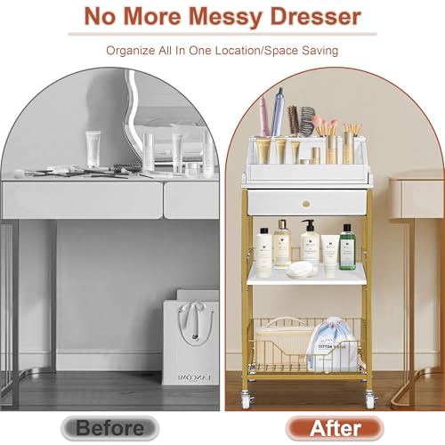 NauwaBarn Gold Makeup Organizer Cart with Detachable Hair Tool Holder