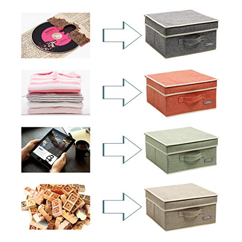 Fabric Storage Bins with Lids 4 Pack - Linen Foldable Storage Box Set, 12.4in/12in/6.7in, Multi-Color