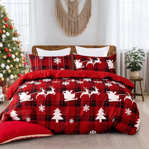 Luxudecor Christmas Queen Comforter Set 7 Pieces, Red Buffalo Plaid