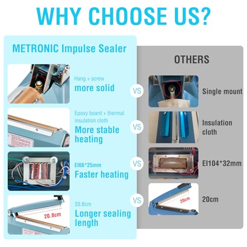 Blue 8 Inch Impulse Sealer for Plastic Bags - Manual Heat Sealing Machine