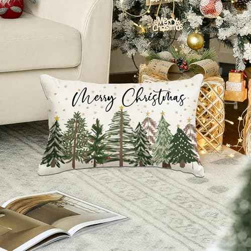 Baccessor Merry Christmas Pillow Cover 12x20 Inch, Xmas Trees Lumbar Pillow Case Christmas Winter Decoration for Cushion Sofa Couch Indoor Outdoor 1 Piece