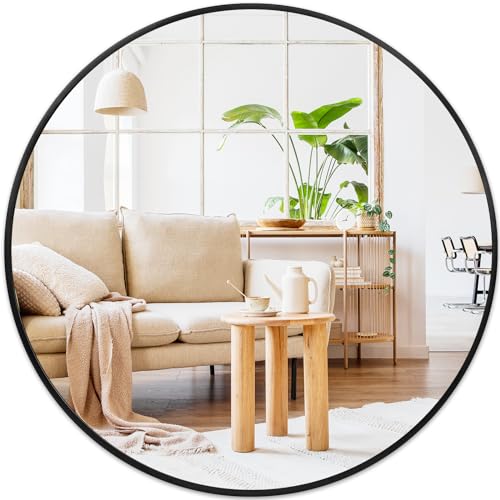 30 Inch Black Round Wall Mirror - Matte Framed Bathroom Mirror with Two Mounting Holes