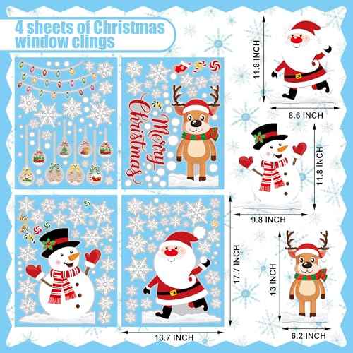 4 Sheets Christmas Window Clings Santa Reindeer Snowman Snowflake Window Decals Large Merry Christmas Windows Stickers Double Sided Xmas Windows Decorations for Xmas Home Office School Party Decor