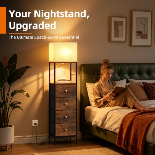 Tall Rustic Brown Nightstand with Light & 4 Fabric Drawers - 11"D x 15"W x 60.4"H