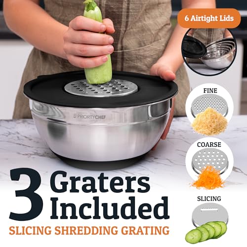 Priority Chef Black 6-Piece Stainless Steel Mixing Bowls Set with Lids, Large 7 Qt, Non-Slip Base & Utensils