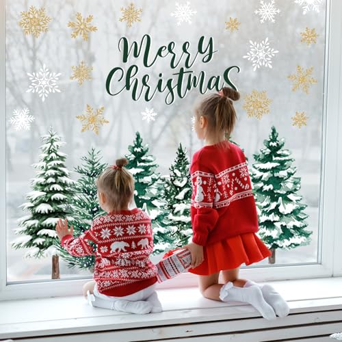 Whaline 6 Sheets Merry Christmas Window Clings Large Xmas Tree Gold Snowflake Snowy Forest Reusable Anti-Collision Windows Decals for Winter Holiday Home Glass Mirror Decor