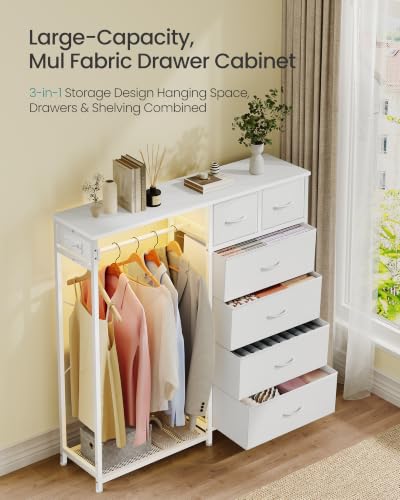 SONGMICS Closet Organizer with Hanging Rod & 6 Fabric Drawers - Cloud White, 13.8"D x 40.4"W x 46.3"H