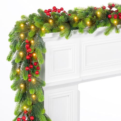 Amazqi 6FT Pre-Lit Christmas Garland with Red Berries, 30 LED Lights & 8 Modes