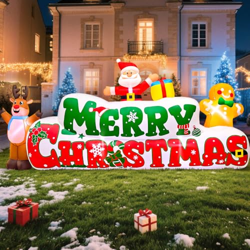 10FT Christmas Inflatable Yard Decoration with Santa, Gingerbread & Reindeer - Built-in LED Lights (Banner Variation)