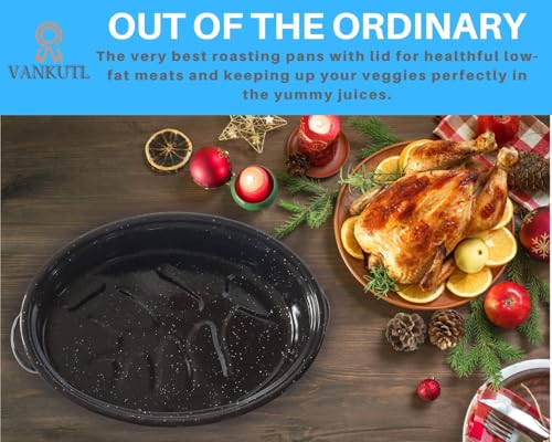 16 Inch Enamel Carbon Steel Roasting Pan with Lid - Heavy Duty Oven Safe Roastware