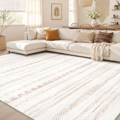 Beige Brown 8x10 Boho Area Rug - Machine Washable, Non-Slip, Soft for Living Room