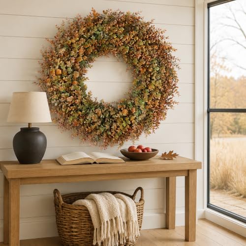 32-Inch Large Fake Eucalyptus Fall Wreath for Front Door Decor - Orange Green