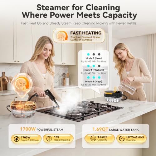 Gautye Handheld Steam Cleaner with 3 Adjustable Levels & 15 Accessories - Dark Black