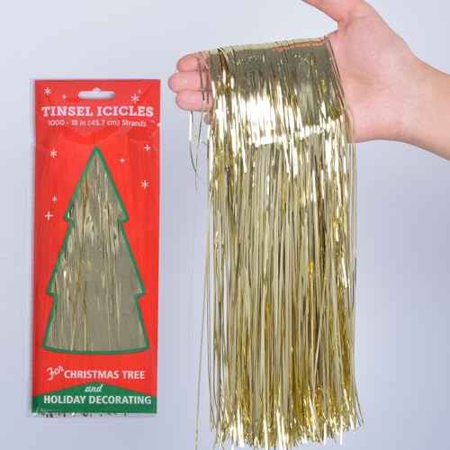 Tinsel Icicles 4000 Strands Metallic Gold Tinsel Christmas Tree Streamer Party Decoration 18 Inch Tinsel for Christmas Tree Icicles Indoor Outdoor Xmas New Year Disco Birthday Party Supplies