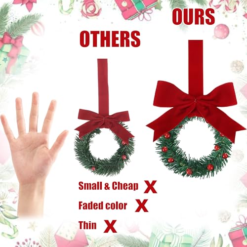 Sggvecsy Velvet Christmas Mini Wreaths for Kitchen Cabinets, Front Door & Wall Decor, Red Berry & Bows, 8 Inch