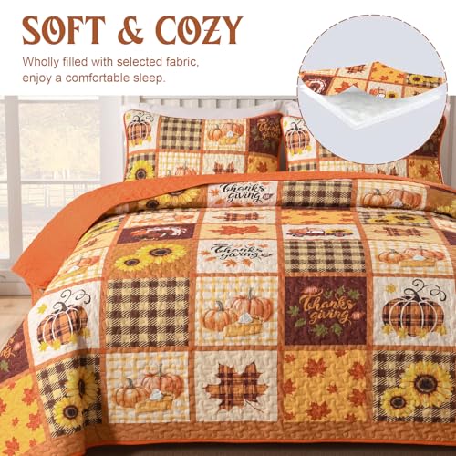 Fall Patchwork Quilt Set Queen - Thanksgiving Pumpkin & Maple Leaves Bedding